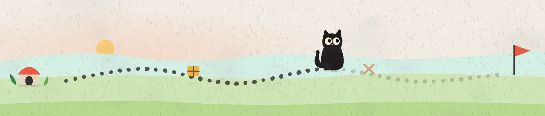 The expedition trail, from a little house along a dotted path to a red flag, with the cat halfway.